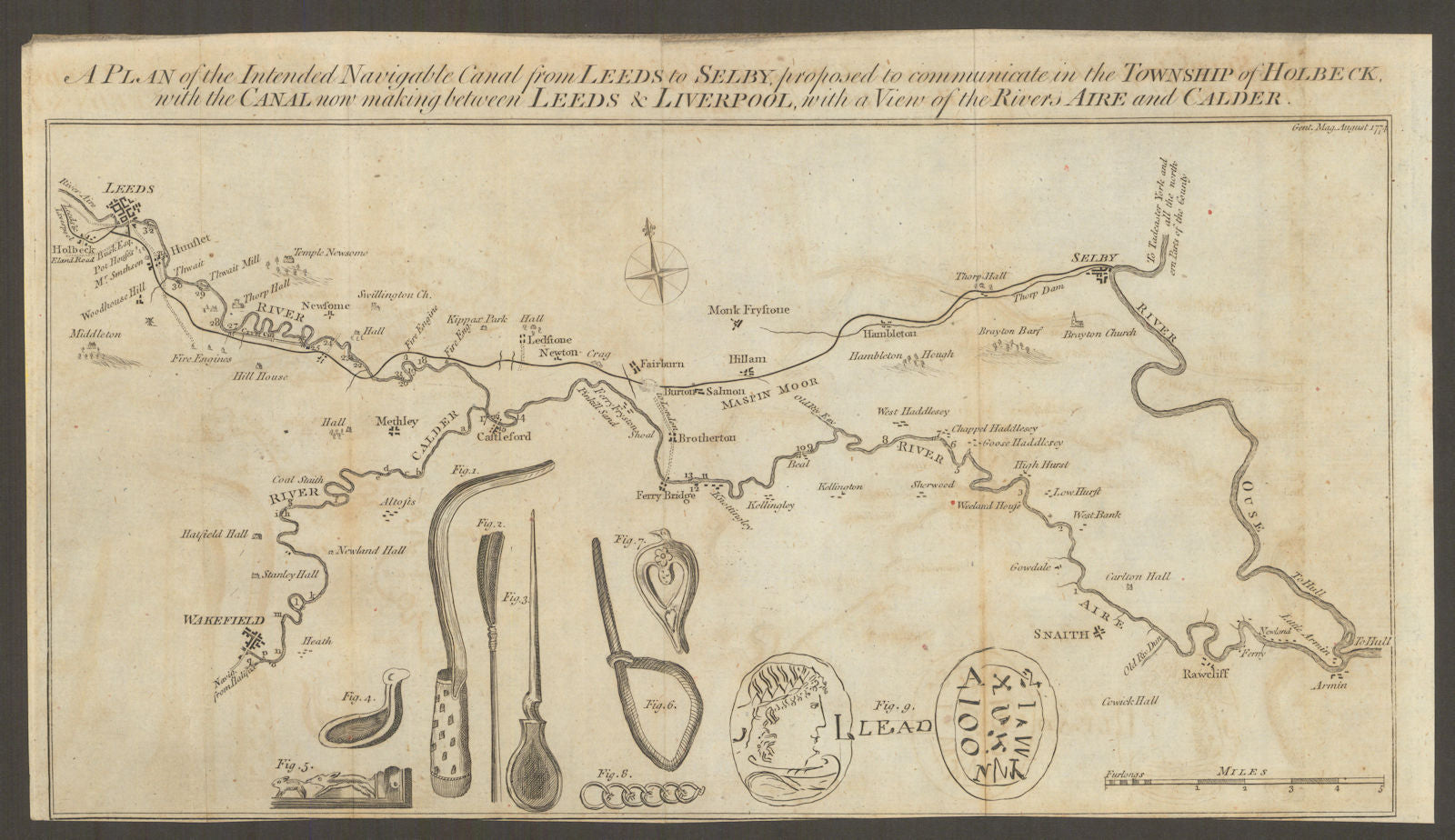 The intended navigable canal from Leeds to Selby. Aire Calder Gents Mag 1774 map